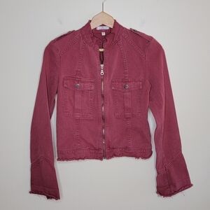 Joie | Faded Red Denim Frayed Moto Utility Jacket Size Small
